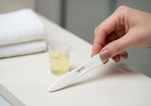 Woman holding negative pregnancy test next to urine sample cup