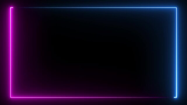 pink and blue laser effect neon glowing frame background. repetitive motion animation and flashing. Bright neon light effect isolated on black. Rectangular frame made of two moving neon lights overlay