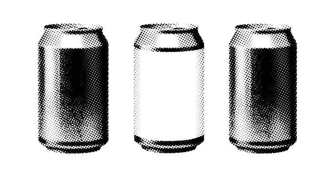 Three aluminum cans standing in row on white background. not ideal dots