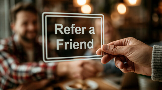 Hand holding a glass sign with Refer a Friend text against a blurred background of people shaking hands in a cafe, referral marketing concept