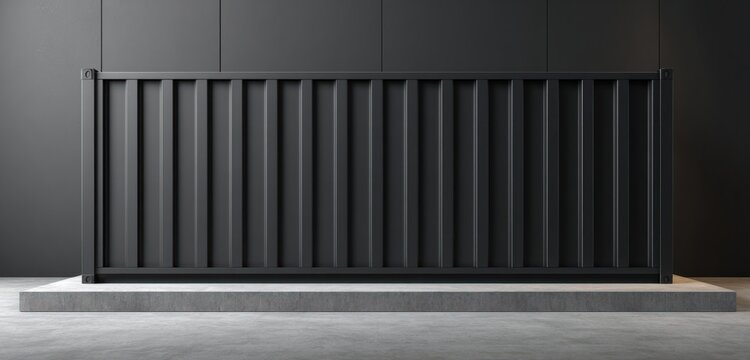 Industrial black container wall with vertical slats and textured matte finish, set against a clean gray floor for modern architectural design