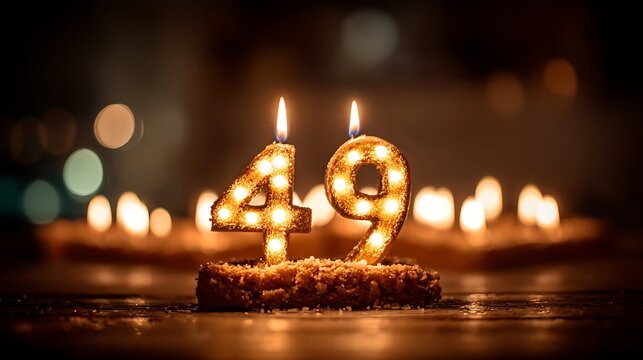 A lit candle cake with two burning candles forming the number 49 surrounded by other lit candles on a table in a dark room with a blurry background.