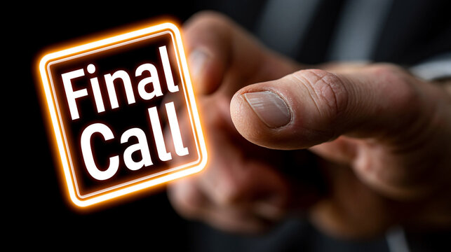 Man reaching to a glowing digital Final Call button on a virtual interface, concept of urgency and last-chance marketing promotion