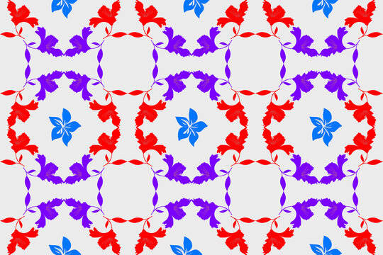 Decorative seamless floral pattern featuring red, purple, and blue flowers arranged in geometric symmetry on a soft gray background. Perfect for textile prints, wallpaper, wrapping paper, fabric, fash