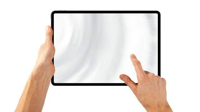 tablet in a hand on a transparent background in PNG format with a glass glare effect.