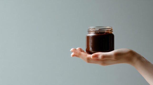 Product photography style, right-side female hand holding a plain glass chocolate jar, open lid angled inward, no label, neutral background