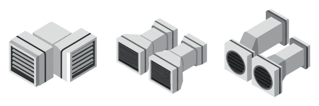 Air vent duct modules arranged in isometric white studio setting