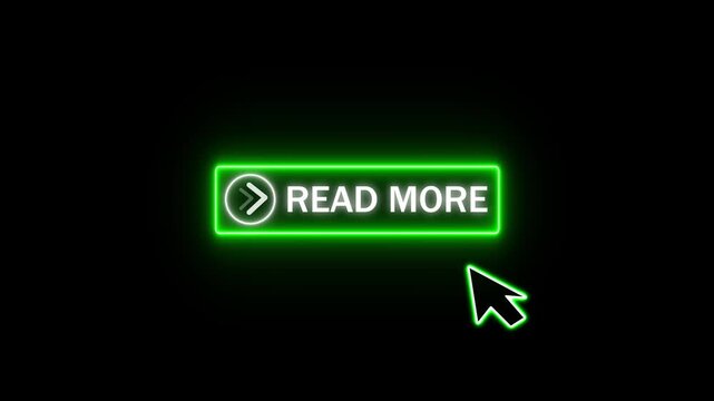 Neon green read more button with cursor on black background. Read more button glowing graphic. Professional read more button for digital website navigation and interactive article art.