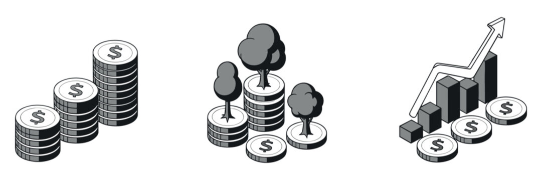 Coin stacks depicting financial growth with trees and chart icons