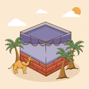 Vector illustration of a religious theme of the Muslim Eid al-Adha celebration with a design of the Kaaba, camel and date palm tree, suitable for social media posts, websites or print. 