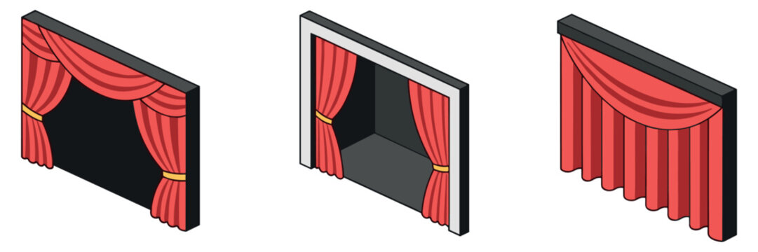 Red stage curtains shown open partially and closed on white