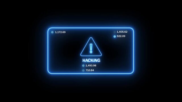 Hacking alert neon notification with exclamation mark and data. Hacking alert warning cyber security. Professional hacking alert for digital network breach and threat protection visual.