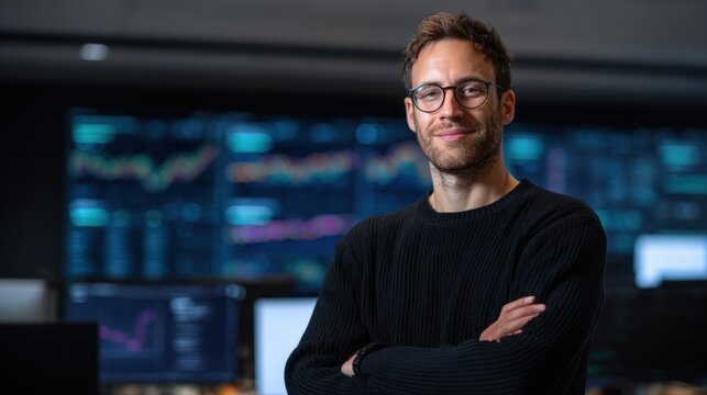 It professional standing confidently in modern technology workspace with multiple screens displaying data and graphs