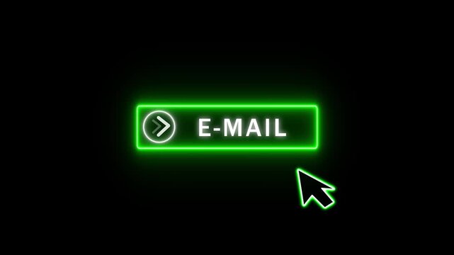 Neon green email button with cursor on black background. Email button email glowing graphic. Professional email button for digital website contact interface and online communication.