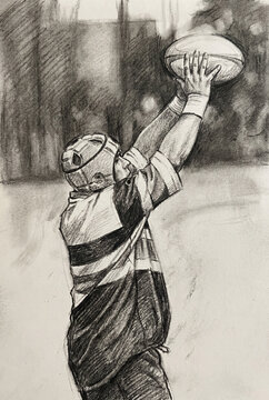 Rugby player catching ball during match action. Sketch illustration in graphite pencil with dynamic sports movement and athletic competition scene.