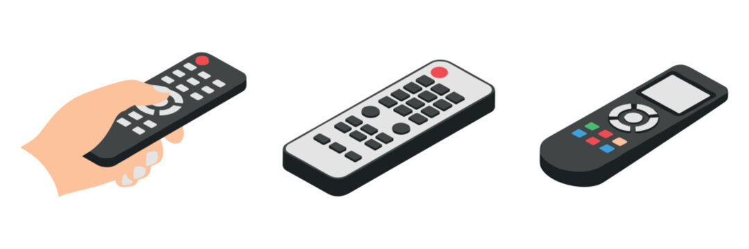 Television remote controls held and displayed on white background