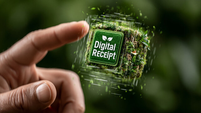 Person pointing at floating digital receipt icon on green moss cube, eco-friendly paperless technology and sustainability concept