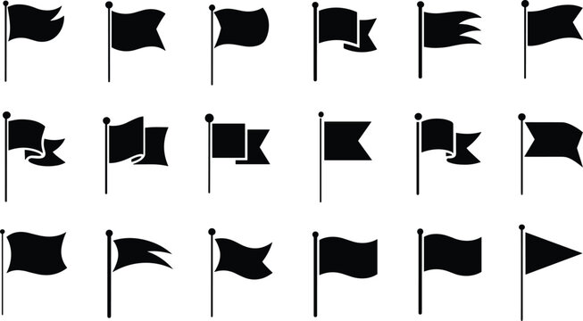 Black flag silhouette icons collection, waving banner symbols for navigation marking and decorative design project