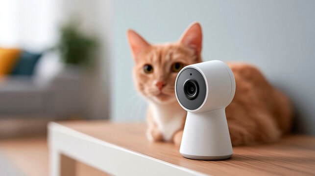 Close up of ginger domestic shorthair cat sitting beside modern smart home security camera, showcasing pet monitoring technology, indoor surveillance and connected home lifestyle in cozy interior