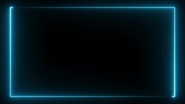 Cyan laser effect neon glowing frame background. repetitive motion animation and flashing. Bright neon light effect isolated on black. Rectangular frame made of two moving neon lights overlay