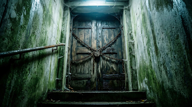 Old rustic metal gate with tree branches growing through in dim lighting