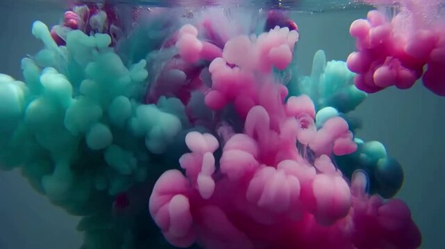Vibrant colored ink drops spreading underwater