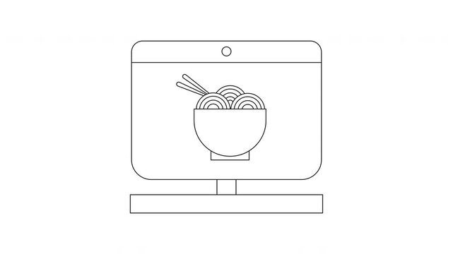 Computer Screen Displaying Bowl of Noodles Line Art.