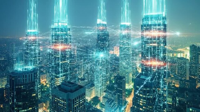 Futuristic Cityscape with Glowing Beams of Light and Skyscrapers.