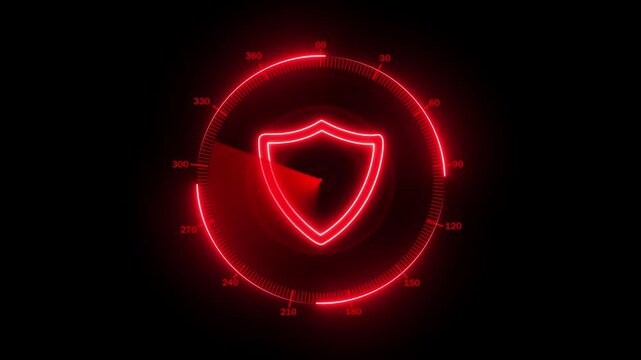 Red shield icon within a circular radar display with numerical. Shield icon security protection. Professional shield icon for cyber threat detection and digital network vulnerability.