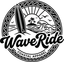 Surfboard and tropical island emblem black and white vector illustration © MSTRUHENA