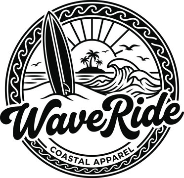 Surfboard and tropical island emblem black and white vector illustration