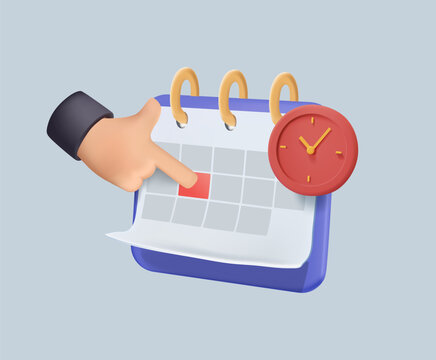 Hand pointing at a calendar with a wall clock 3D vector illustration. Deadlines, timing, planning elements for time management, scheduling events, deadline reminders and business planning concept