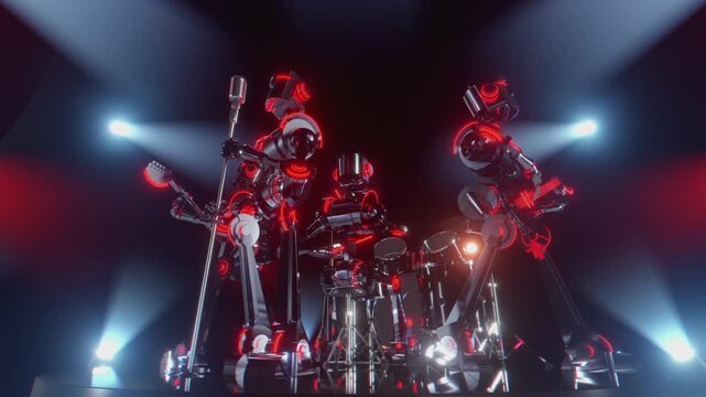 Seamless loop 3D animation of Futuristic robot musicians playing glowing electric guitar on stage with spotlights. For VJ sets, high-tech club visuals,  electronic music festivals, stage screens and f