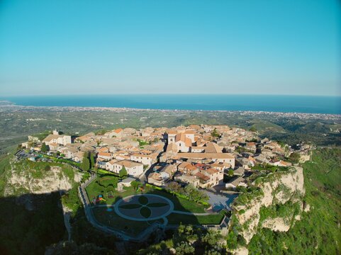 Gerace city aerial view against the mediterranean sea