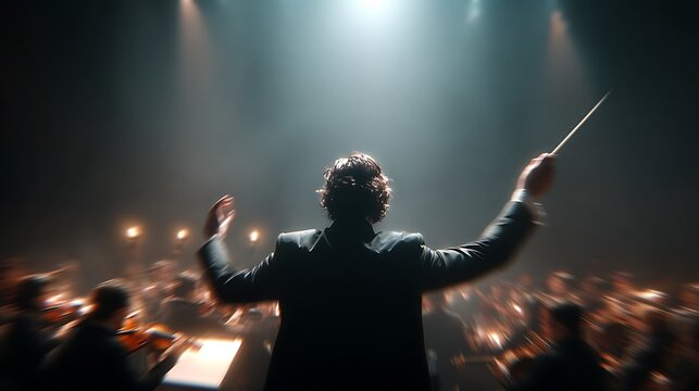 Conductor leads orchestra in energetic performance on stage with musicians playing instruments