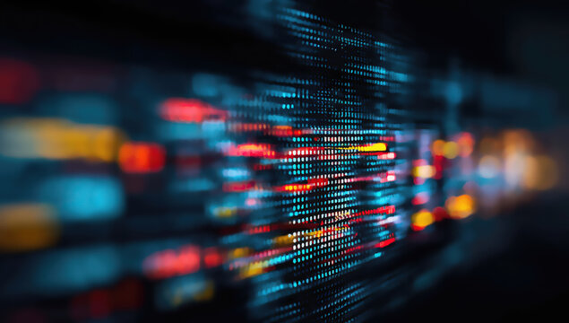 Abstract digital stream of glowing colored pixels flowing with speed