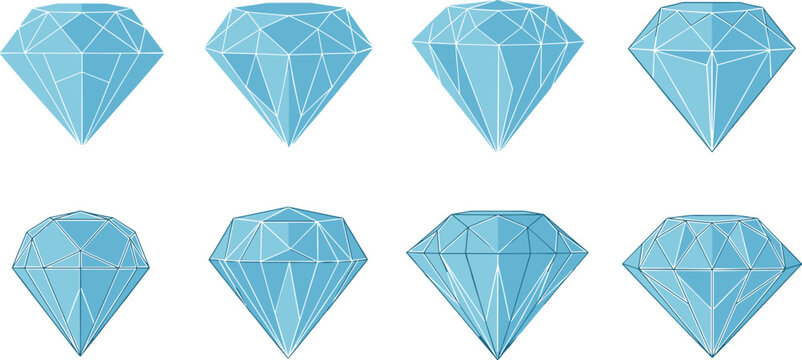 Set of Blue Diamond Gemstone Icons with Various Geometric Facets for Luxury Jewelry Branding and Premium Reward Symbol Design