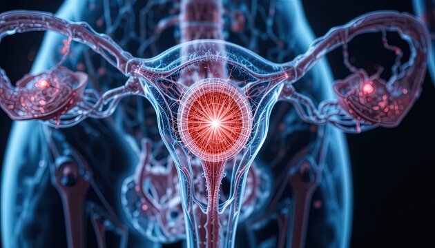 Human female reproductive system is displayed with a glowing medical visualization.