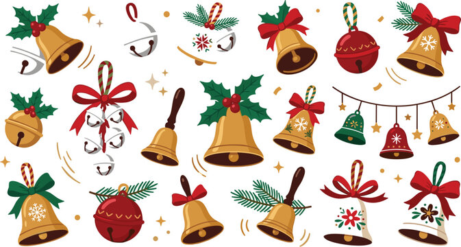 Christmas Jingle Bell Set with Festive Golden Handbells Garland Ornaments Pine Branches and Red Ribbon Bows Vector Illustration for Winter Holiday Graphic Designs