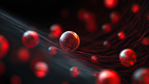 Glowing red spheres and shimmering threads create a dark, abstract, futuristic scene