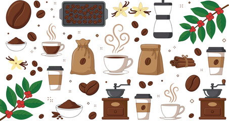 Coffee Production Element Set with Vintage Grinders Roasted Beans Packaging Sacks Paper Cups and Botanical Coffee Branches Vector Illustration for Cafe Branding © MdMoklesur