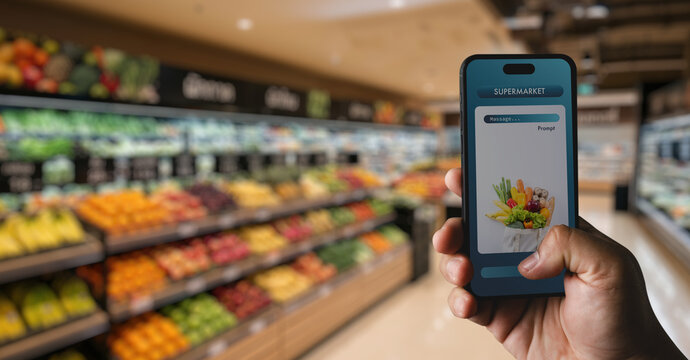 Hand holding smartphone displaying supermarket shopping application in grocery store, suitable for food delivery, online shopping, retail technology, and AI supermarket service concepts.