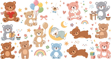 Fototapeta premium Cute Teddy Bear Cartoon Clipart Sticker Set with Birthday Party Balloons Gifts Rainbows and Sleeping Nursery Characters Vector Illustration for Kids Greeting Cards