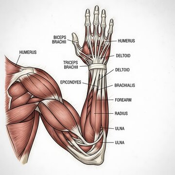 Anatomical illustration of the human arm muscles and bones.