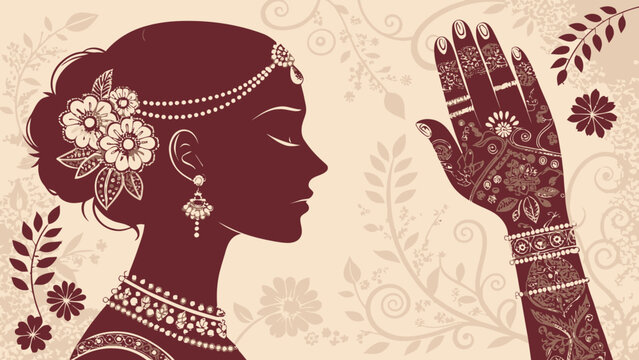 Indian woman with henna on hand and traditional jewelry and flowers in hair