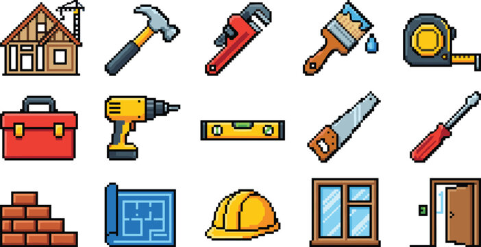 Construction Tools and Equipment Vector Set with House, Hammer, Wrench, Drill, Tape Measure, and Safety Helmet for Builder, DIY, and Architecture Illustration Designs