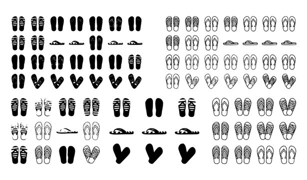 Casual flip flop footwear vector illustration set with modern striped summer sandals isolated on white