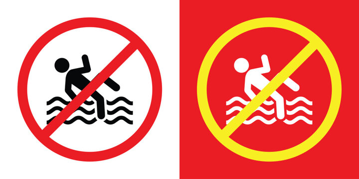 Prohibitory sign set featuring a person falling into water. Includes a red circle on white and a yellow circle on red background. Warning for no diving or jumping into shallow water.
