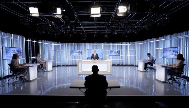 Modern online tv studio back wall with large digital screens and grid ceiling, illuminated with bright lighting for broadcast production