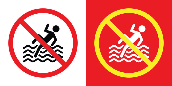 Prohibitory sign set featuring a person falling into water. Includes a red circle on white and a yellow circle on red background. Warning for no diving or jumping into shallow water.